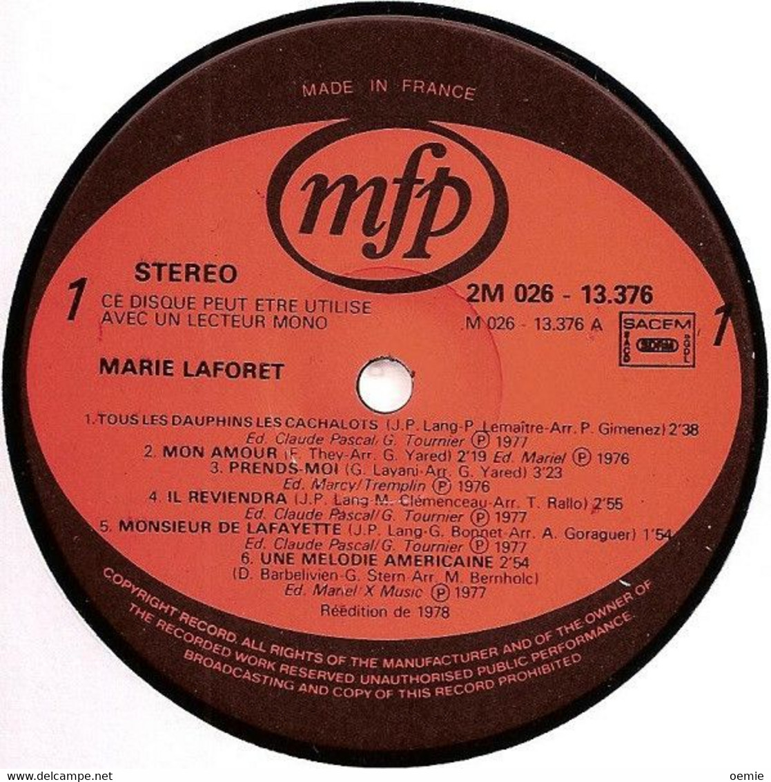 MARIE  LAFORET  °  TOUS LES DAUPHINS LES CACHALOTS   33 TOURS 12 TITRES - Autres - Musique Française