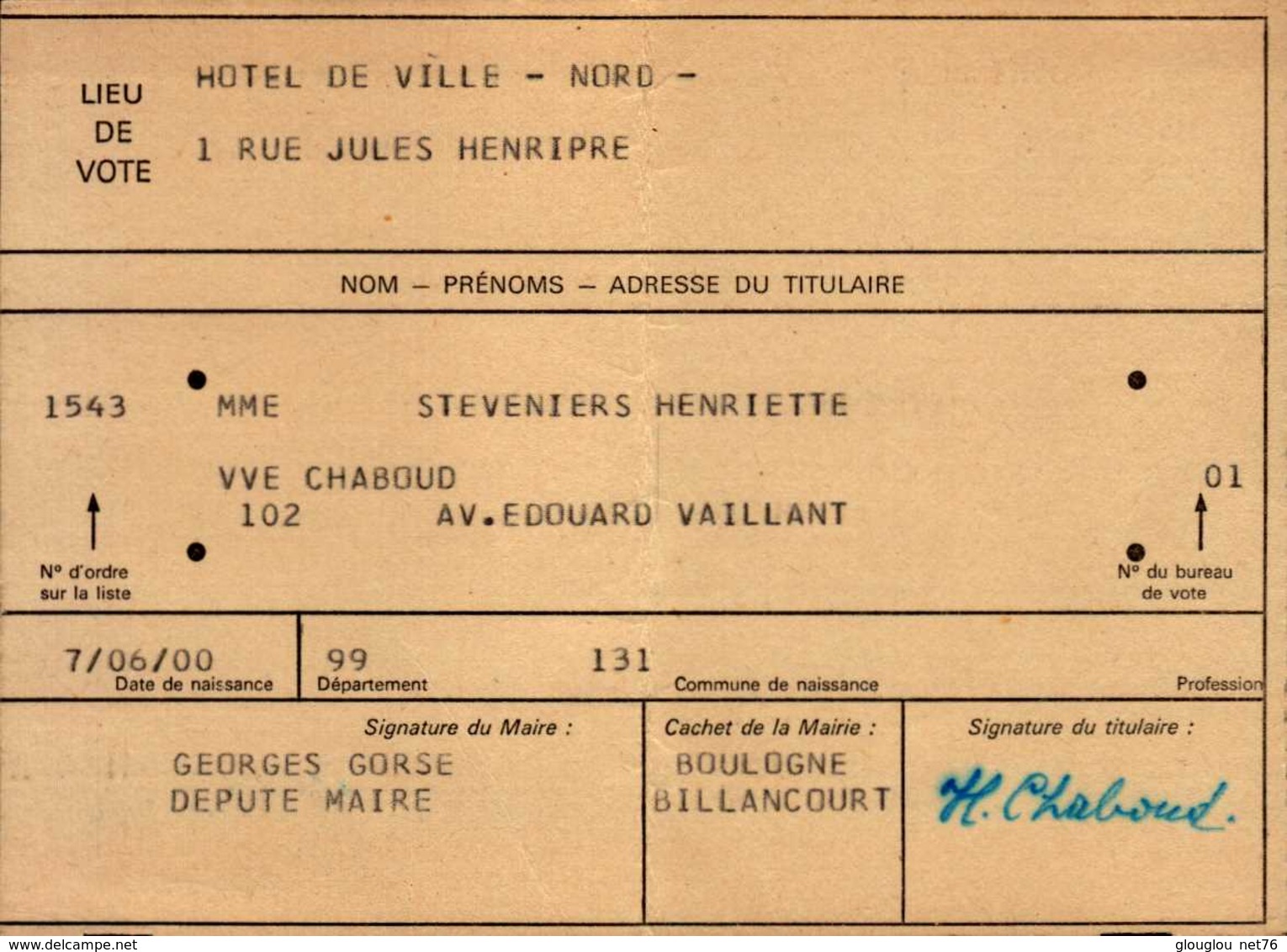 CARTE D'ELECTEUR  1973..BOULOGNE BILLANCOURT.. - Autres & Non Classés