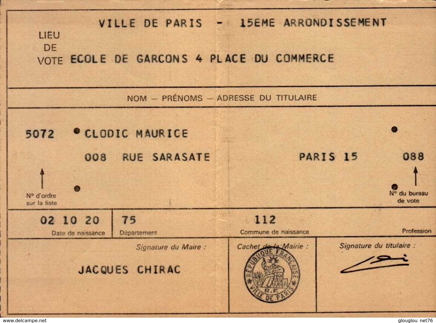 CARTE D'ELECTEUR  PARIS 15....1978 - Autres & Non Classés