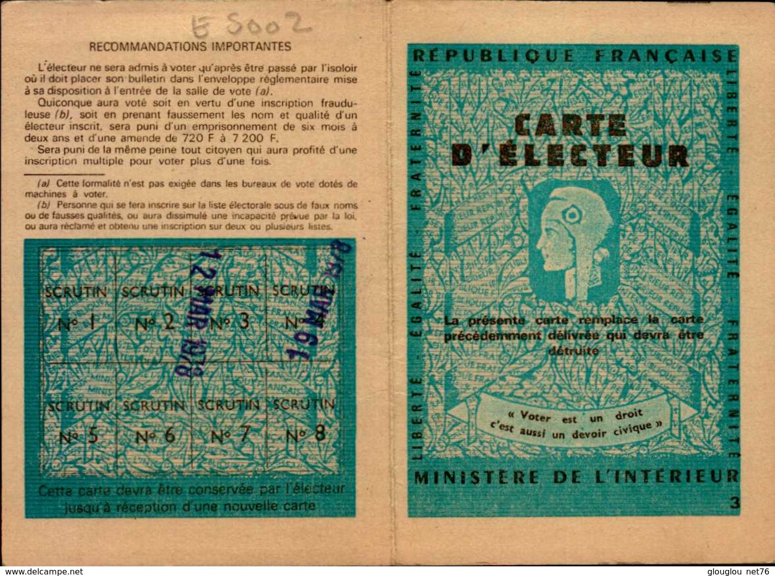 CARTE D'ELECTEUR  PARIS 15....1978 - Autres & Non Classés