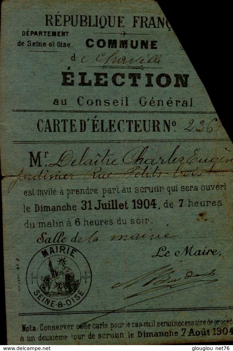 CARTE D'ELECTEUR 1904   DOS VIERGE - Autres & Non Classés