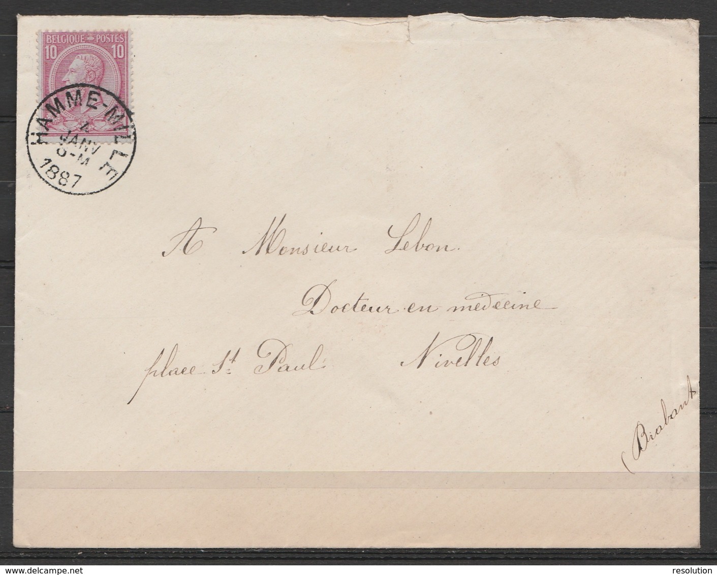 L. Affr.N°46 Càd HAMME-MILLE /4 JANV 1887 Pour Médecin à NIVELLES - 1884-1891 Leopold II