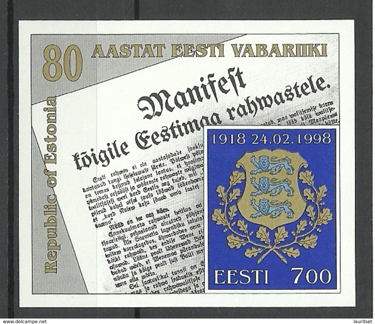 Estland Estonia 1998 Block Mi 11 Anniversary Of Republic Of Estonia Michel 317 MNH - Estonie