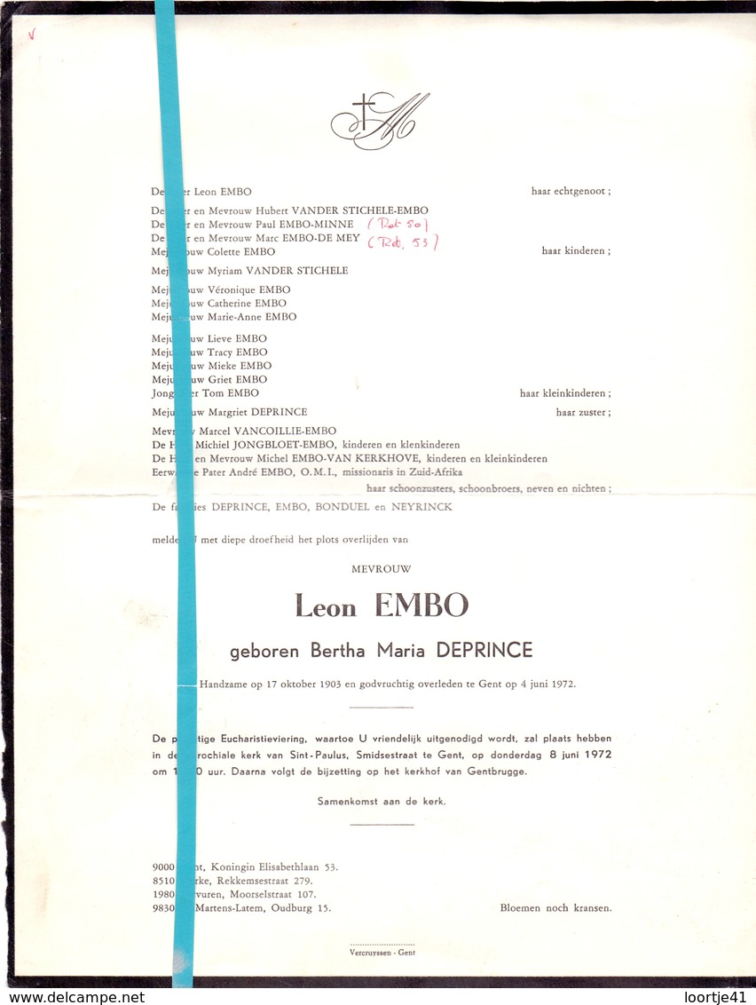 Devotie - Doodsbrief - Overlijden - Mevr. Leon Embo - Bertha Deprince - Handzame 1903 - Gent 1972 - Obituary Notices