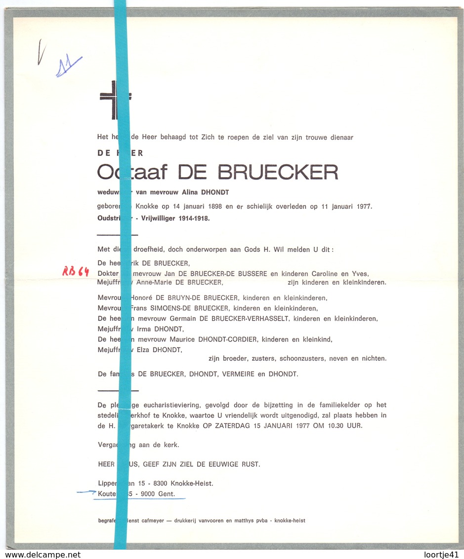 Devotie - Doodsbrief - Overlijden - Octaaf De Bruecker - Knokke 1898 - 1977 - Décès