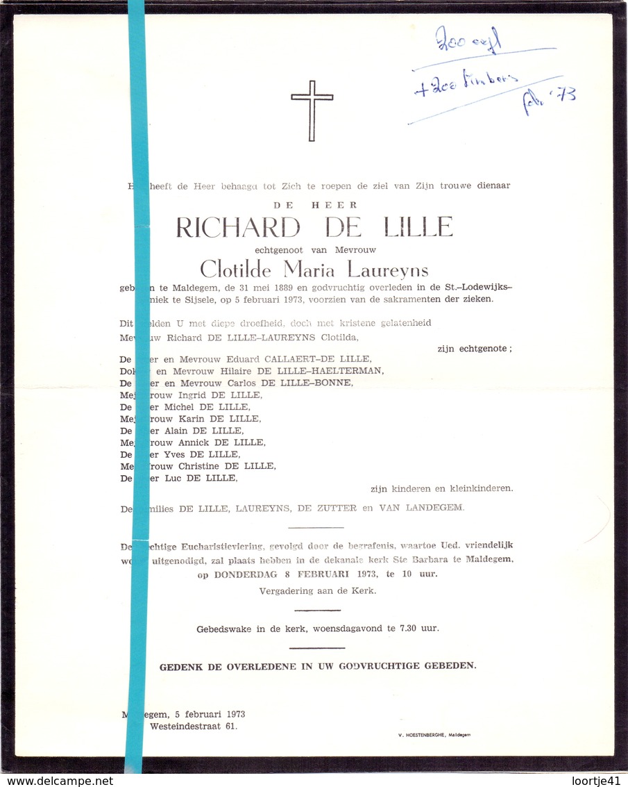 Devotie - Doodsbrief - Overlijden - Richard De Lille - Maldegem 1889 - Sijsele 1973 - Décès