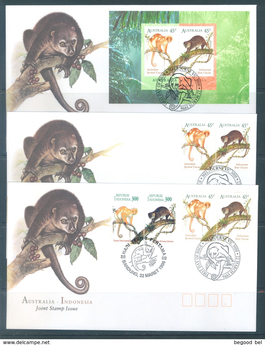 AUSTRALIA  - 3 FDC'S - 22.3.1996 - CUSCUS JOINT STAMP ISSUE INDONESIA - Yv 1491-1492 BLOC 38 - Lot 18634 - FDC