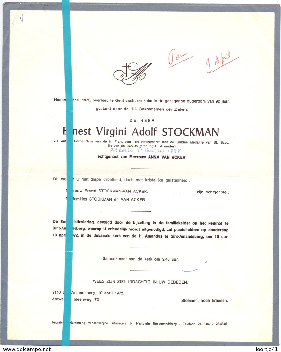 Devotie - Doodsbrief - Overlijden - Ernest Stockman - St Amandsberg 1972 - Obituary Notices