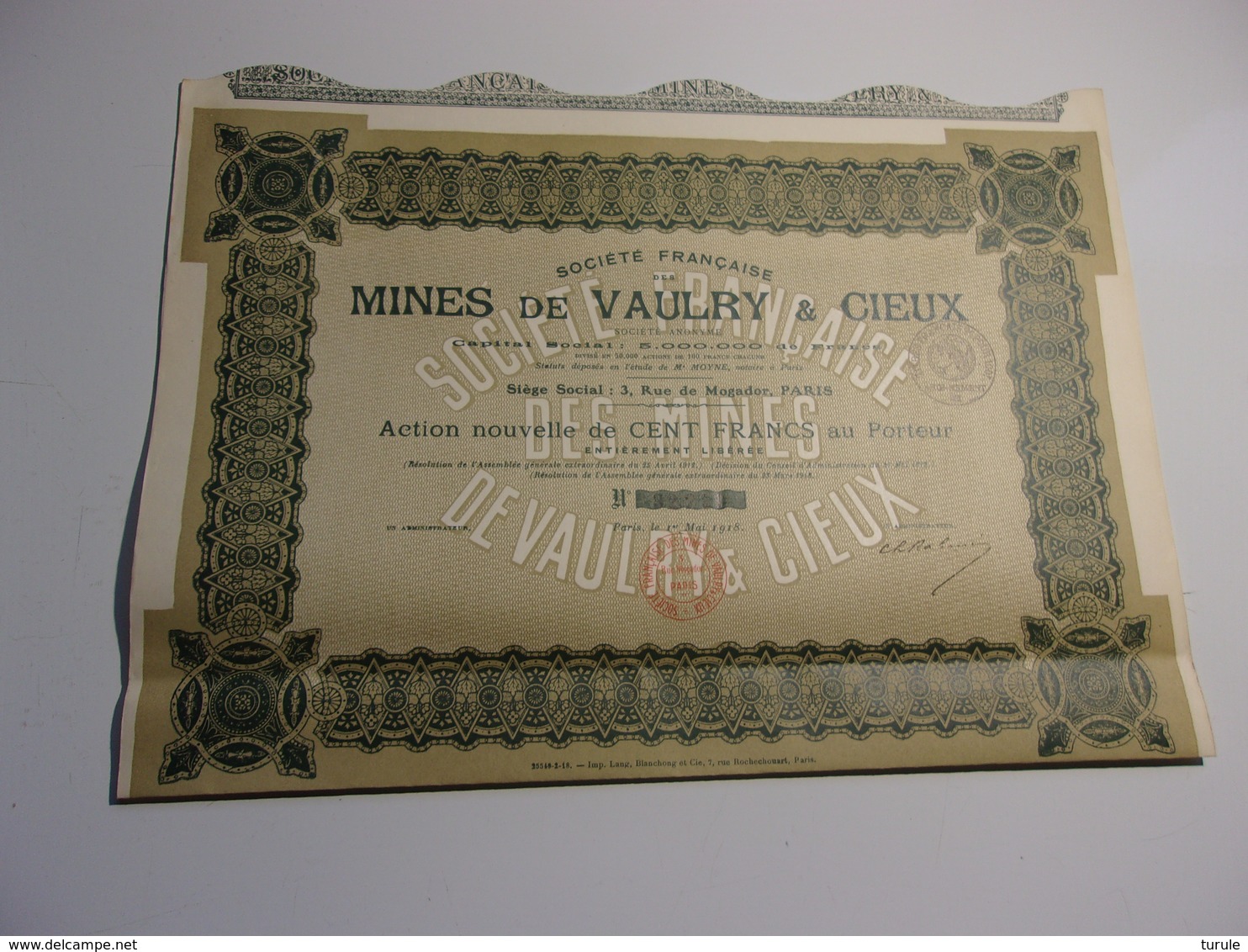 MINES DE VAULRY ET CIEUX (capital 5 Millions) 1918 - Sonstige & Ohne Zuordnung