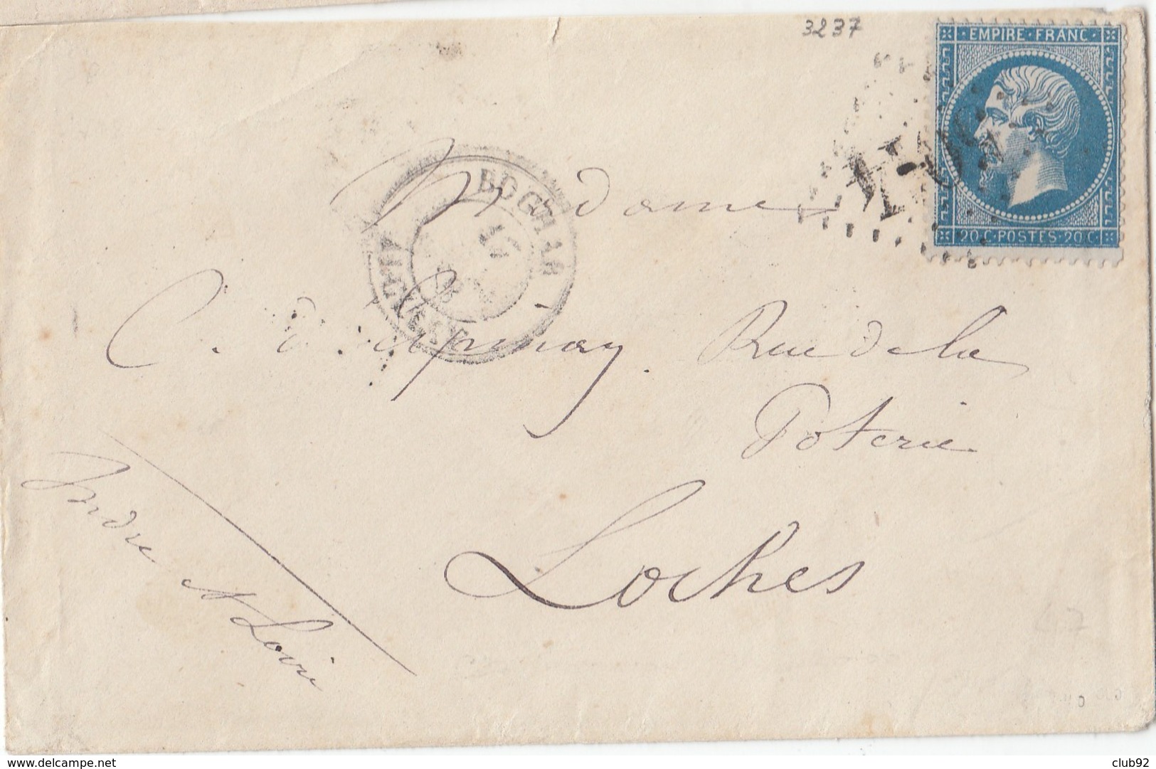 ALGERIE:: N° 22   /L  (. ) GC 5014 De BOGHAR / 17.3.68 ->LOCHES+ Cad Au Dos     ( Pothion Indice 18 ) - 1849-1876: Période Classique