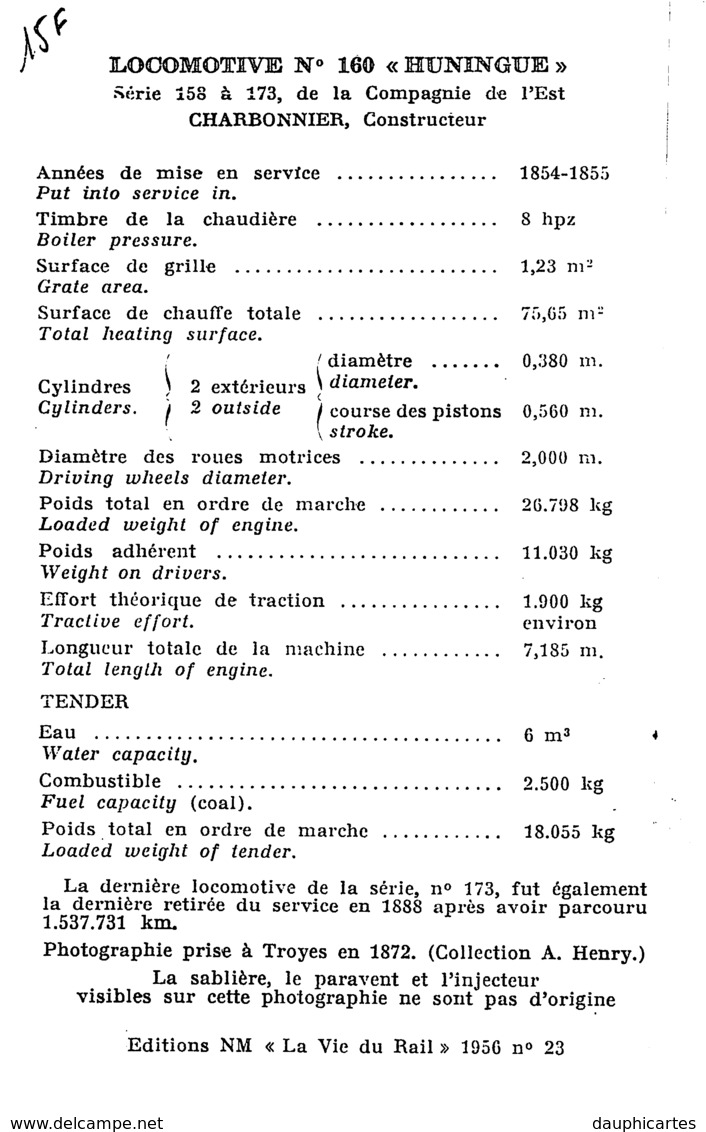 Chemin De Fer - Locomotive N° 169 HUNINGUE Compagnie De L' EST Charbonnier - 2 Scans - Matériel