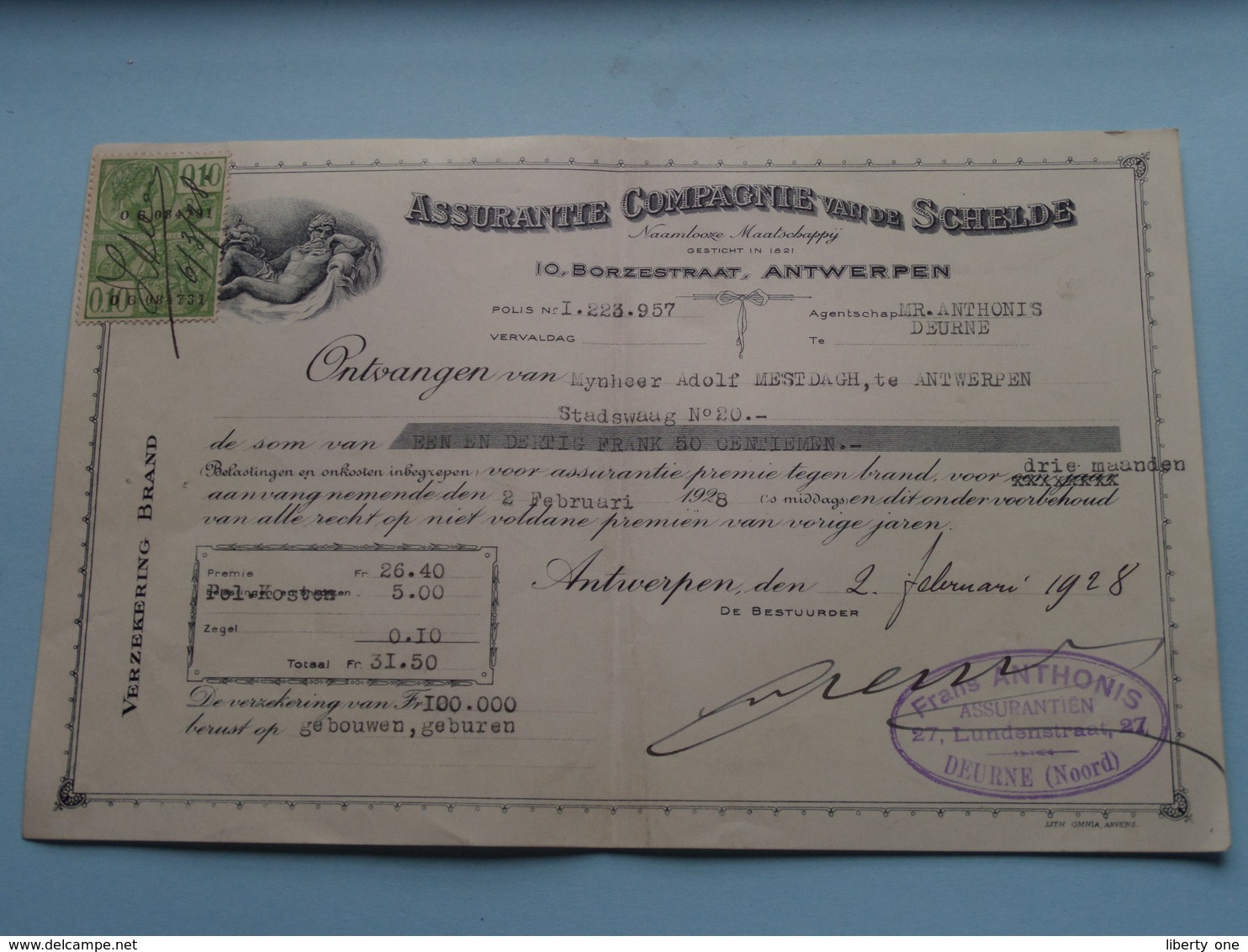 Assurantie Compagnie Van De SCHELDE Borzestraat Antwerpen ( Reçu / Mandat / Premie ) Anno 1928 ( Zie/voir Photo) ! - Bills Of Exchange