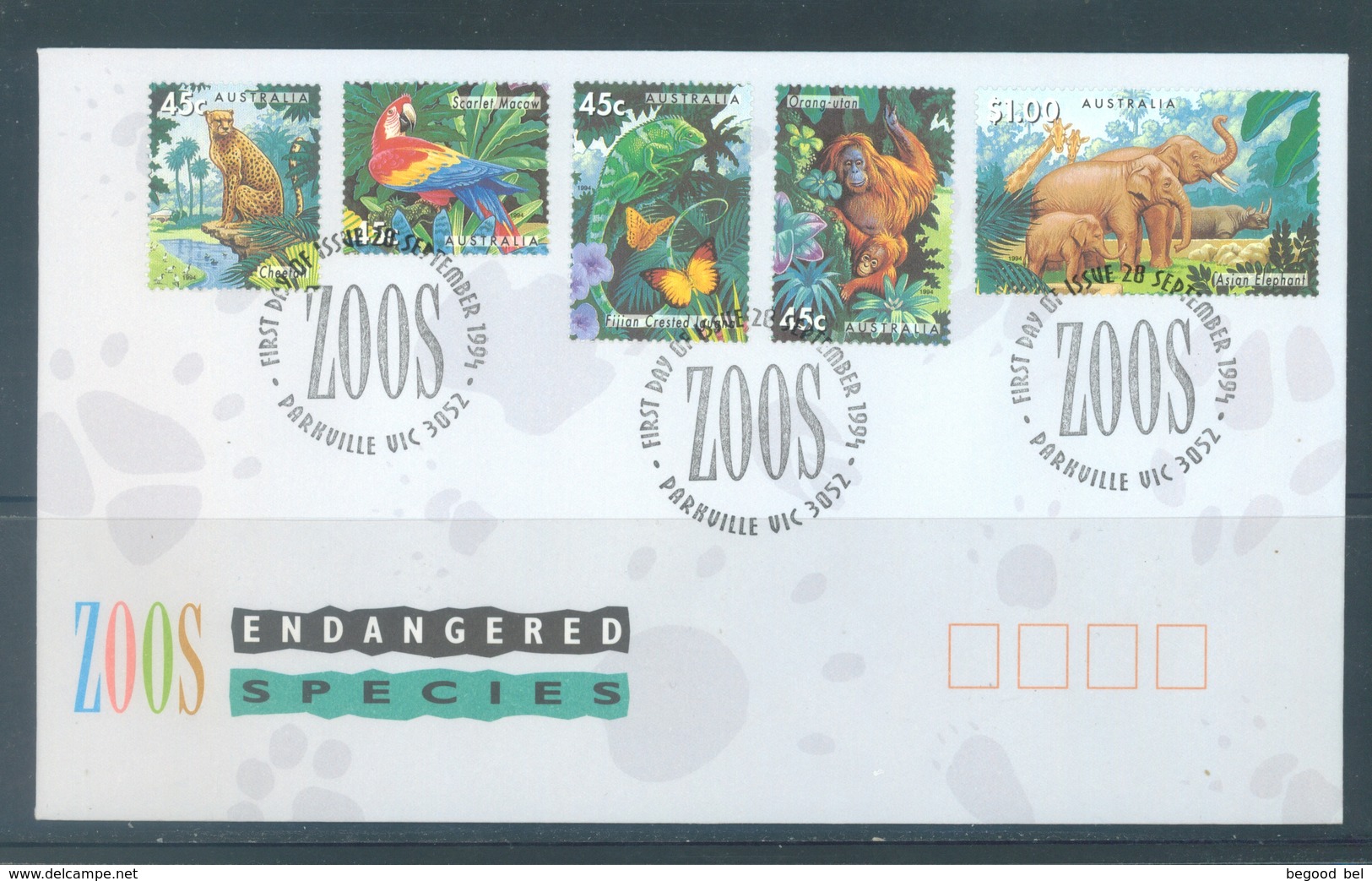 AUSTRALIA  - FDC - 28.9.1994 - ENDANGERED SPECIES - Yv 1388-1392  - Lot 18644 - Premiers Jours (FDC)