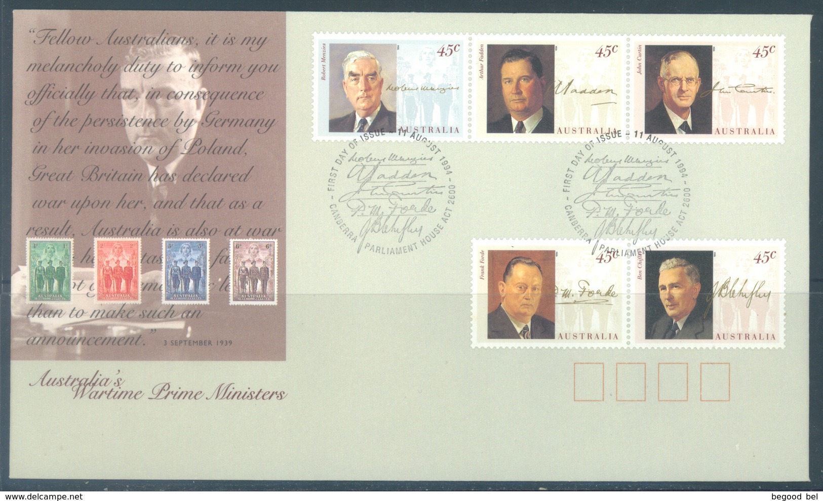 AUSTRALIA  - FDC - 11.8.1994 - WARTIME 1st MINISTERS - Yv 1379-1383  - Lot 18645 - Premiers Jours (FDC)