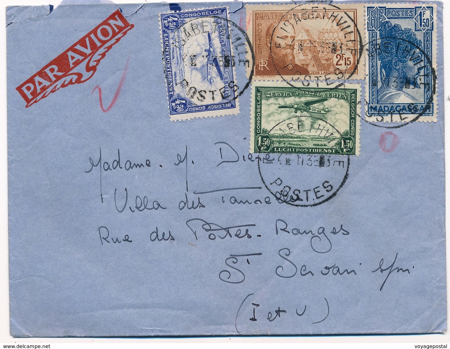 Lettre Par Avion Elisabethville Congo Belge Timbres Mixte Poste Aérienne Et Madagascar - Lettres & Documents