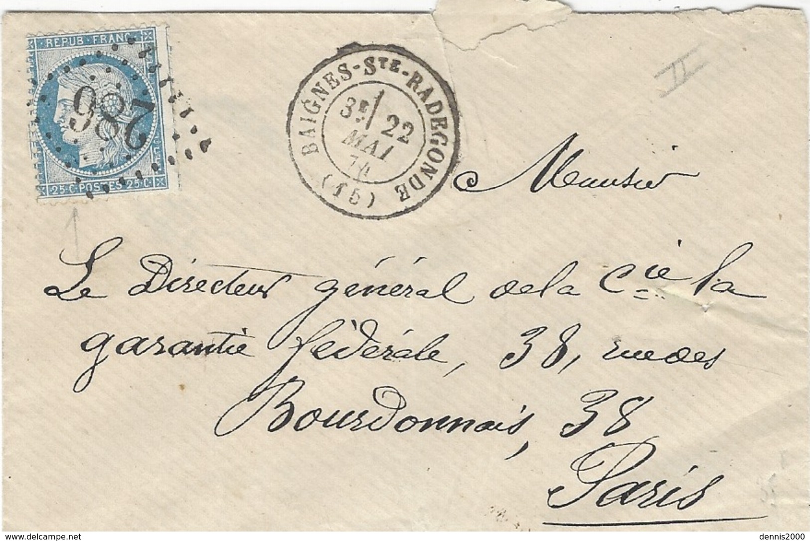 1874- Enveloppe De BAIGNES-Ste-RADEGONDE ( Charente ) Cad T17 Affr. N°60 Type II Oblit. G C 286 - 1849-1876: Période Classique