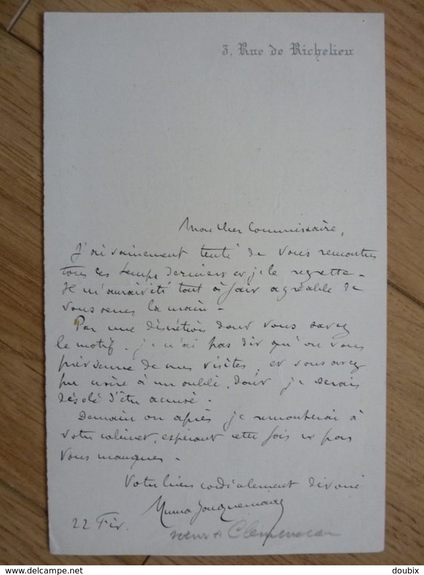 Numa JACQUEMAIRE CLEMENCEAU (1857-1902) Avocat. GENDRE De CLEMENCEAU. Autographe - Altri & Non Classificati