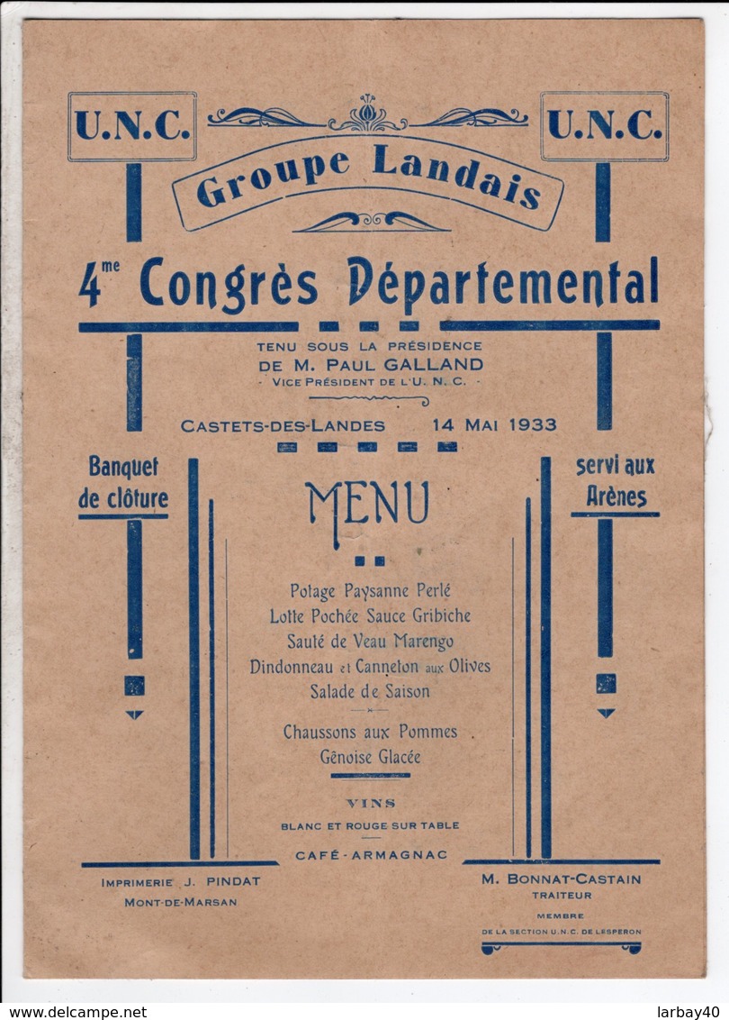 Menu Du 4 Em Congres Departemental  De L Unc Mai 1933 A Castets Des Landes  Illustrateur Cel Le Gaucher - Menus