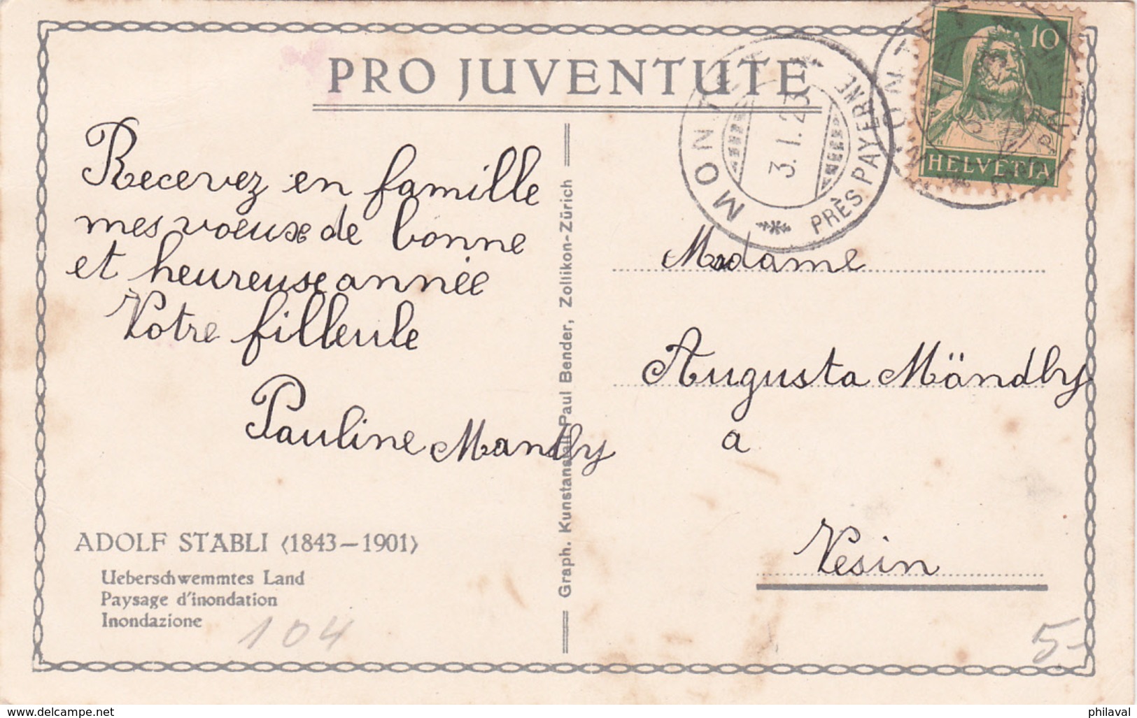 Carte Pro Juventute  No 104 : Paysage D'innondation, Selon Adolf STÄBLI - Lettres & Documents