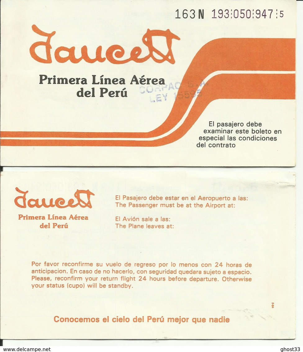 FAUCETT - Billet/Ticket Passager - 1988 - AREQUIPA / CUZCO - Biglietti