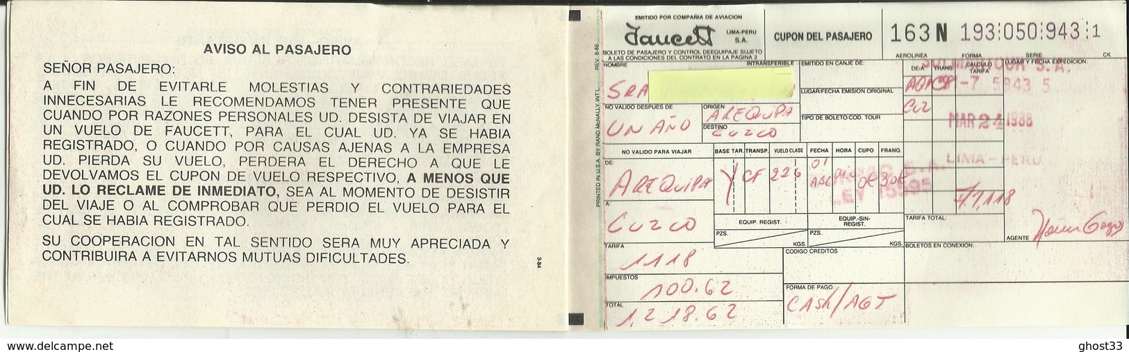 FAUCETT - Billet/Ticket Passager - 1988 - AREQUIPA / CUZCO - Biglietti