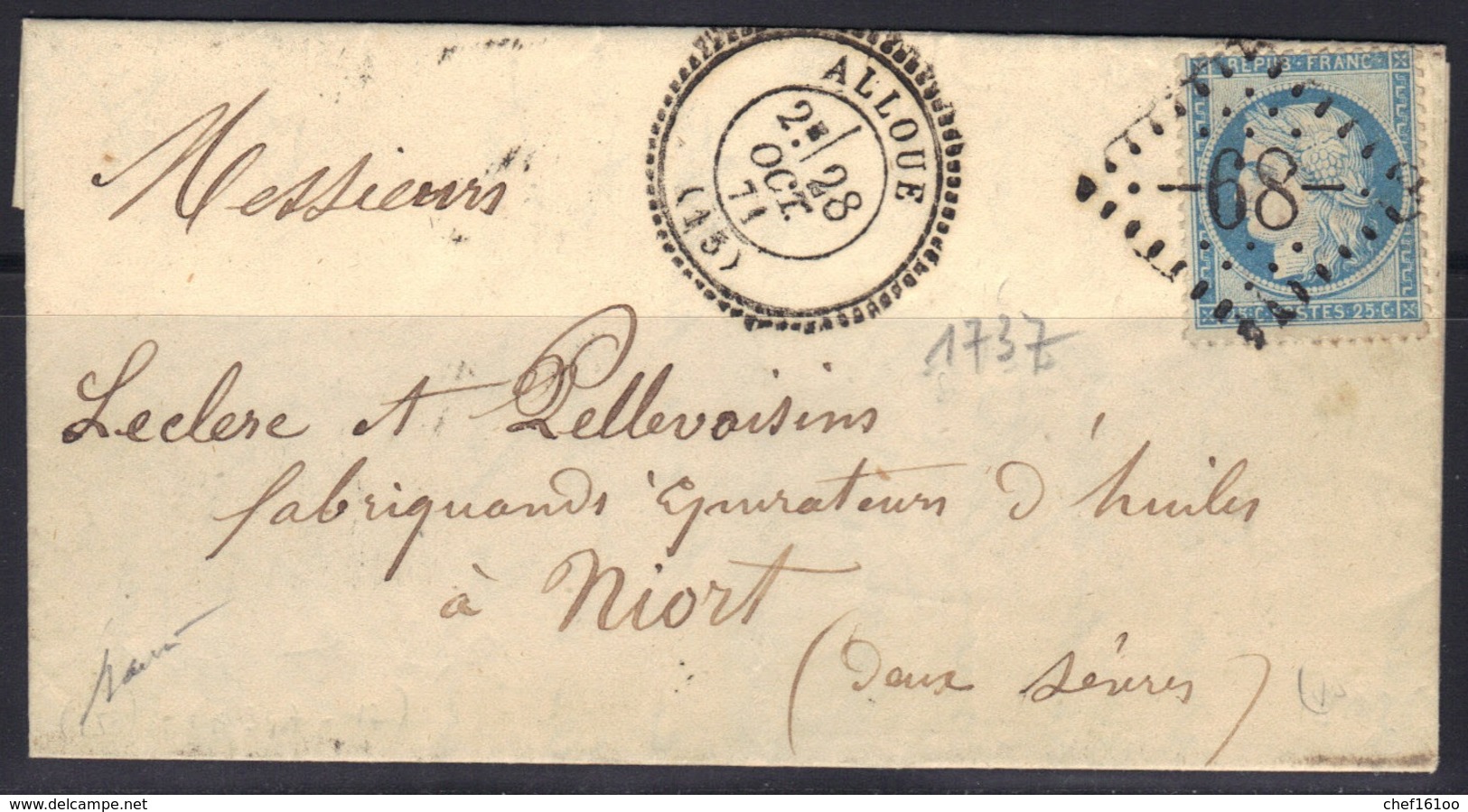 Alloue (Charente) : LAC, GC 68 Sur Cérès N°60, Càd 24, 1871, Signée Baudot, - 1849-1876: Période Classique