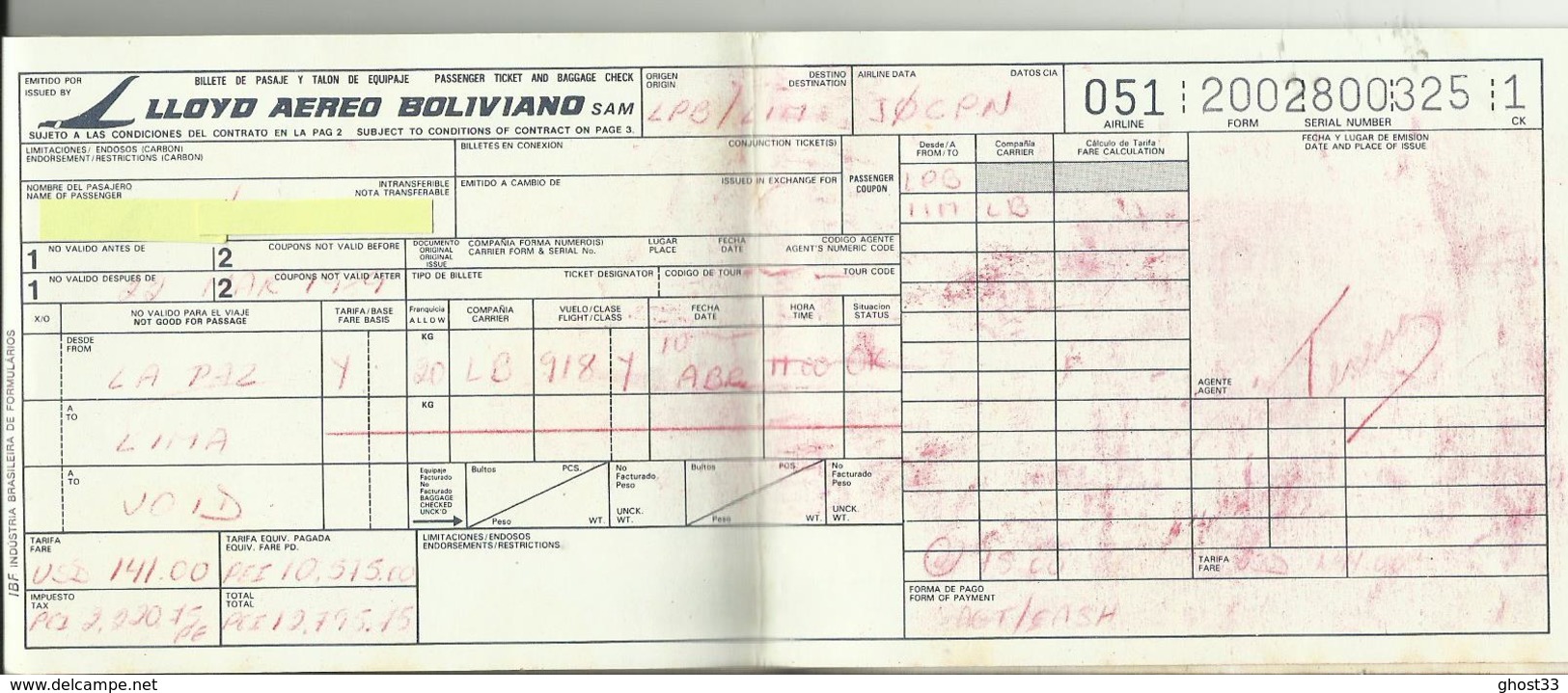 LLOYD AEREO BOLIVIANO - Billet/Ticket Passager - 1988 - LA PAZ / LIMA - Tickets