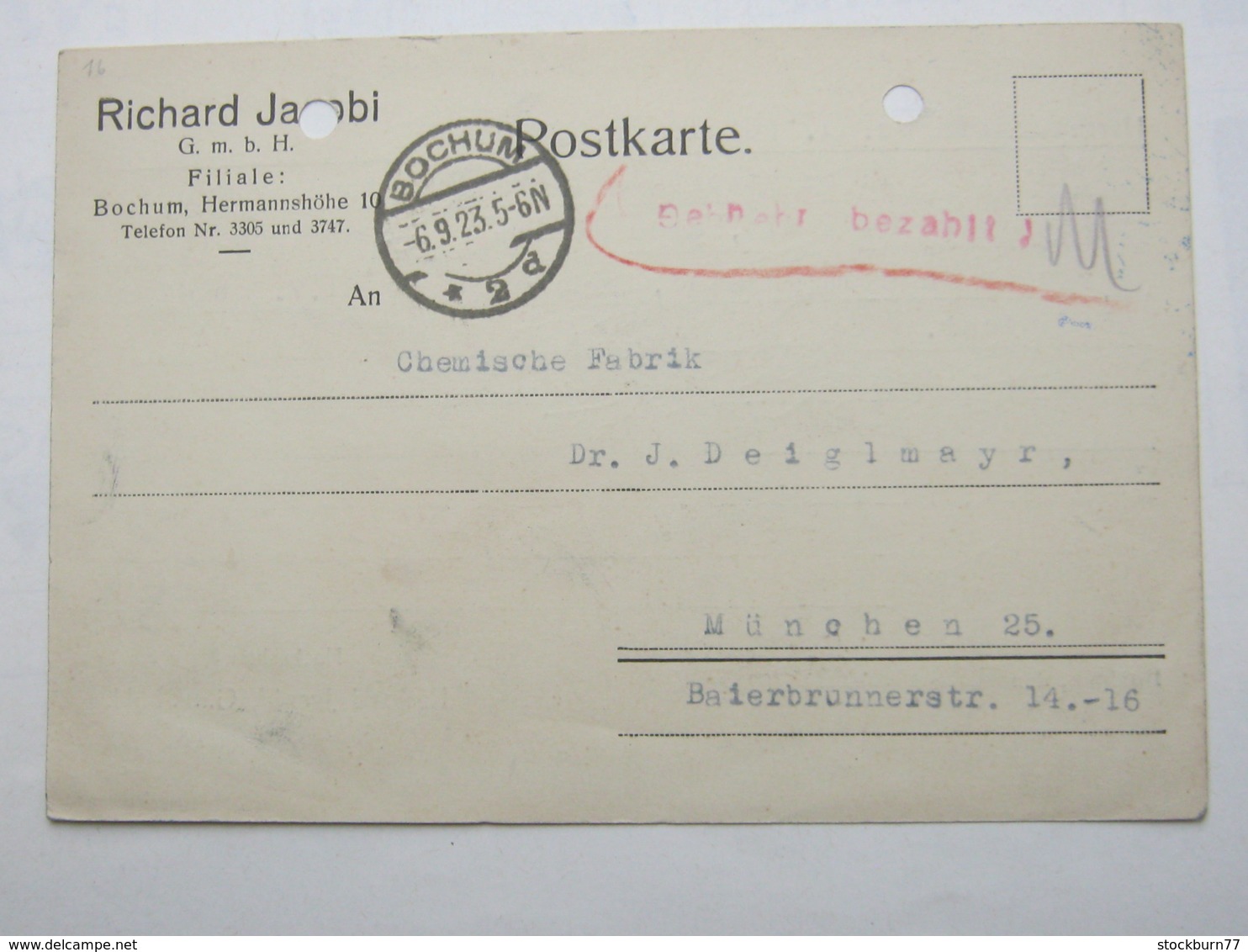 1923 , Gebühr Bezahlt , Beleg Aus  Bochum - Briefe U. Dokumente