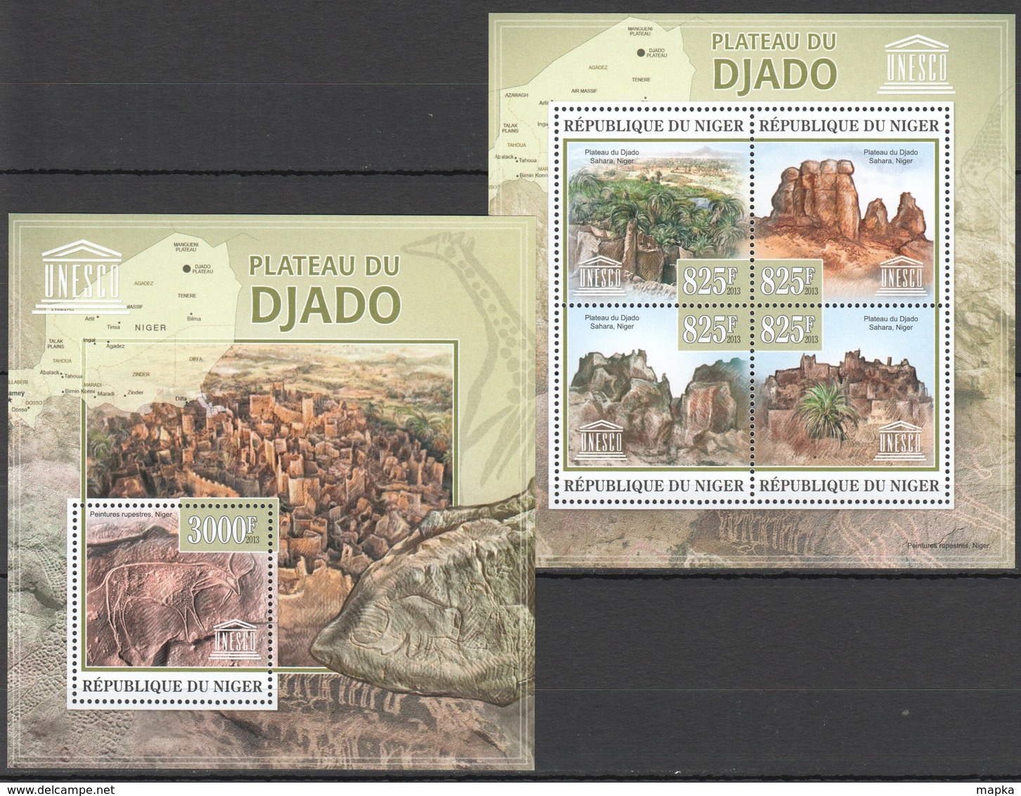 WW199 2013 NIGER PREHISTORY ART COMMUNE DJADO UNESCO ARCHITECTURE RUINS KB+BL MNH - Monuments