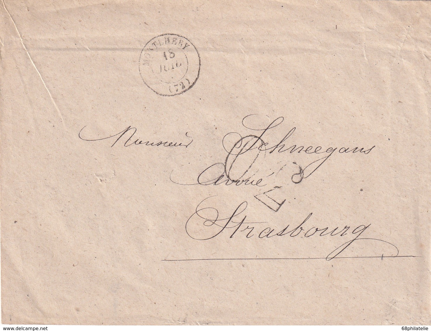 FRANCE 1868 LETTRE DE MONTLHERY POUR STRASBOURG TAXE 30 - 1849-1876: Période Classique