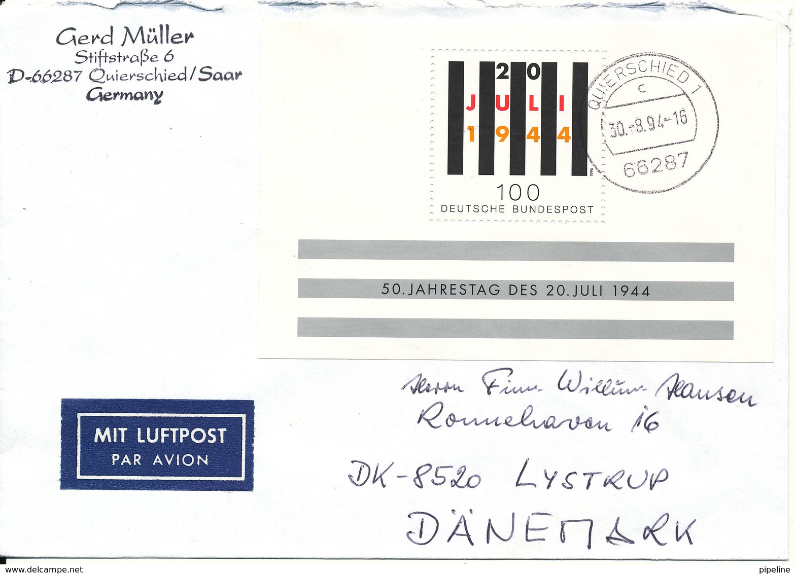 Germany Cover Sent To Denmark Quierschied Saar 30-9-1994 With Mini Sheet - Covers & Documents