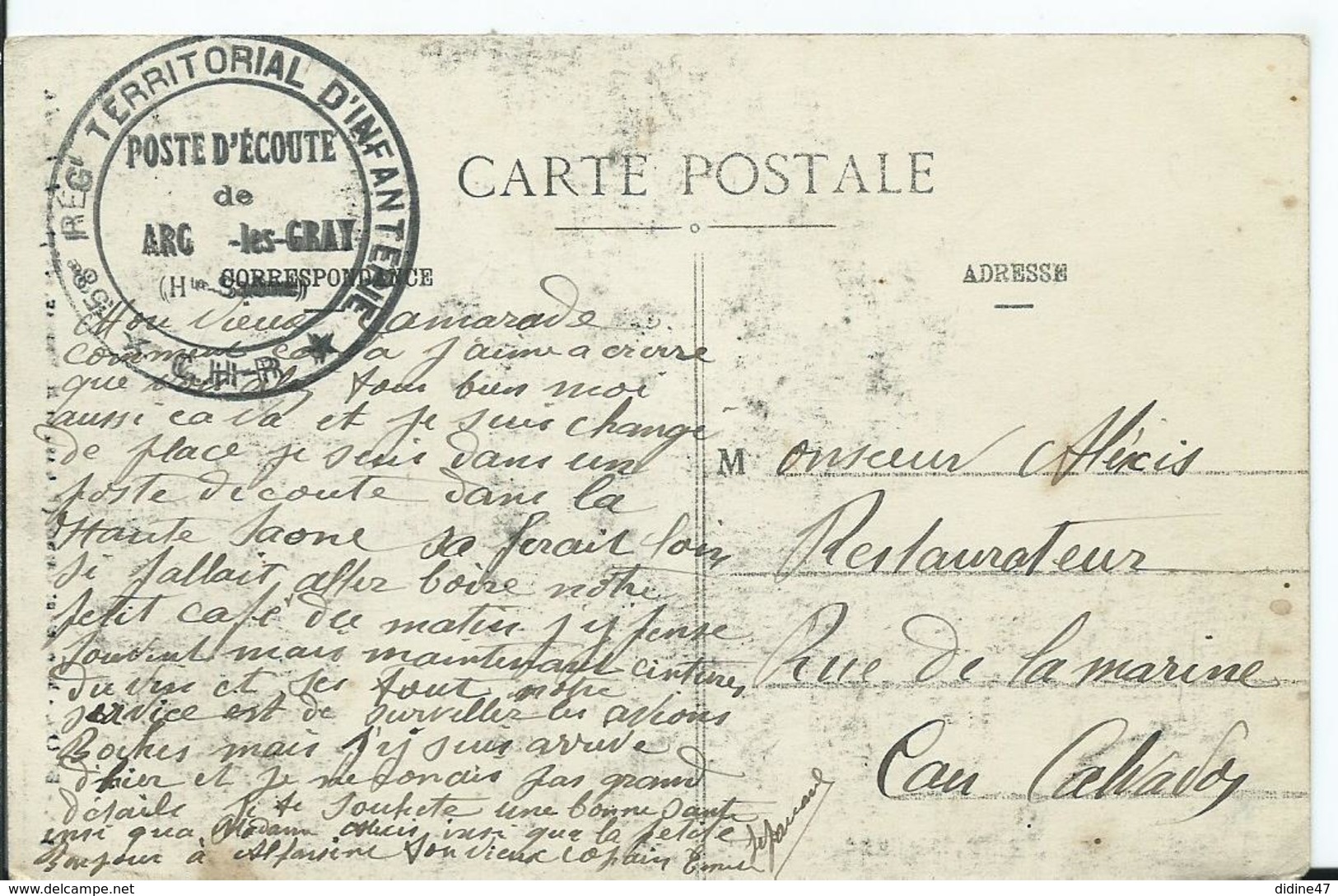 CACHET MILITAIRE - POSTE D ECOUTE DE ARC Les GRAY - Guerre De 1914-18