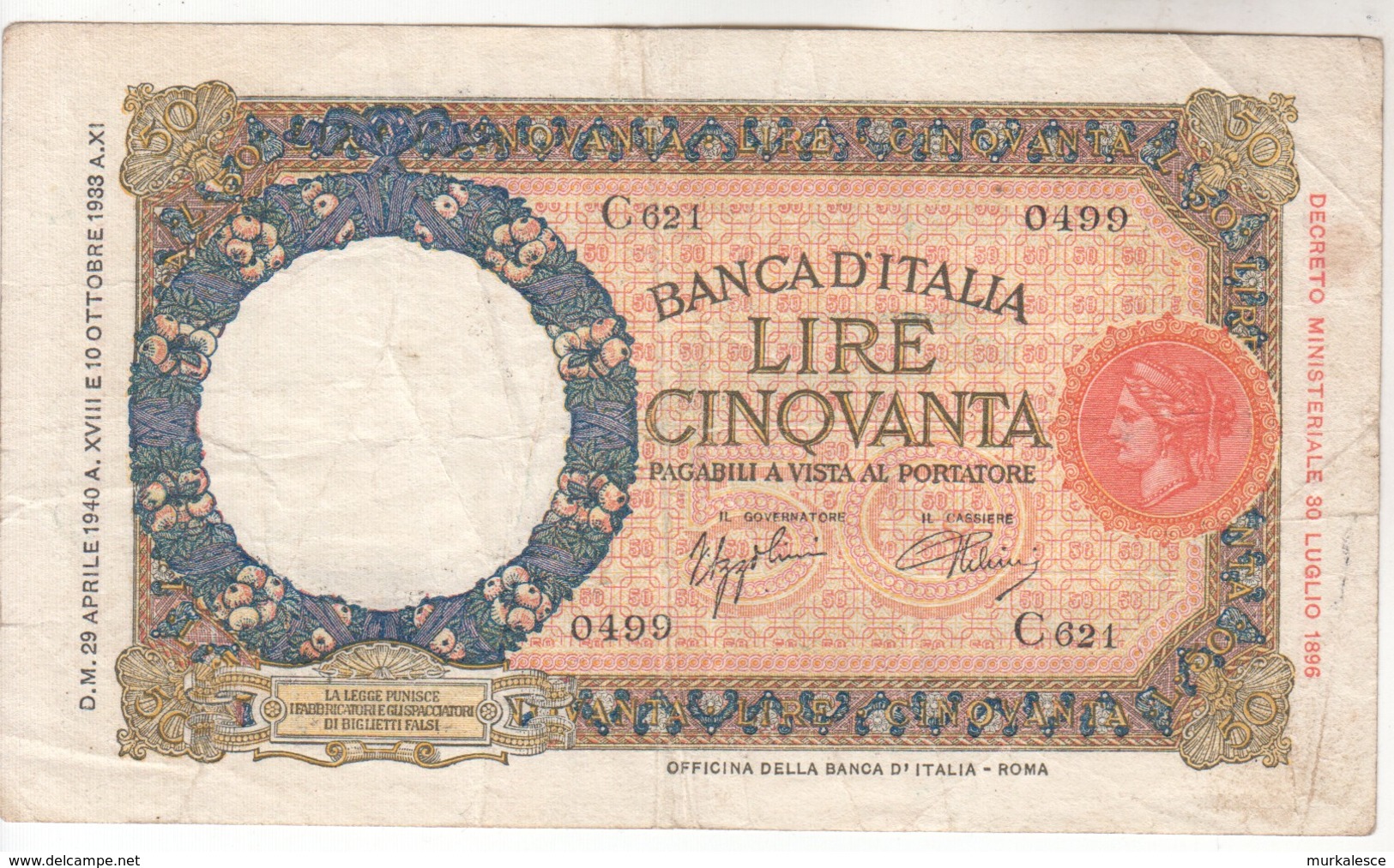 3386   ITALIA  50  CINQVANTA   LIRE 1933--1940 - 50 Lire