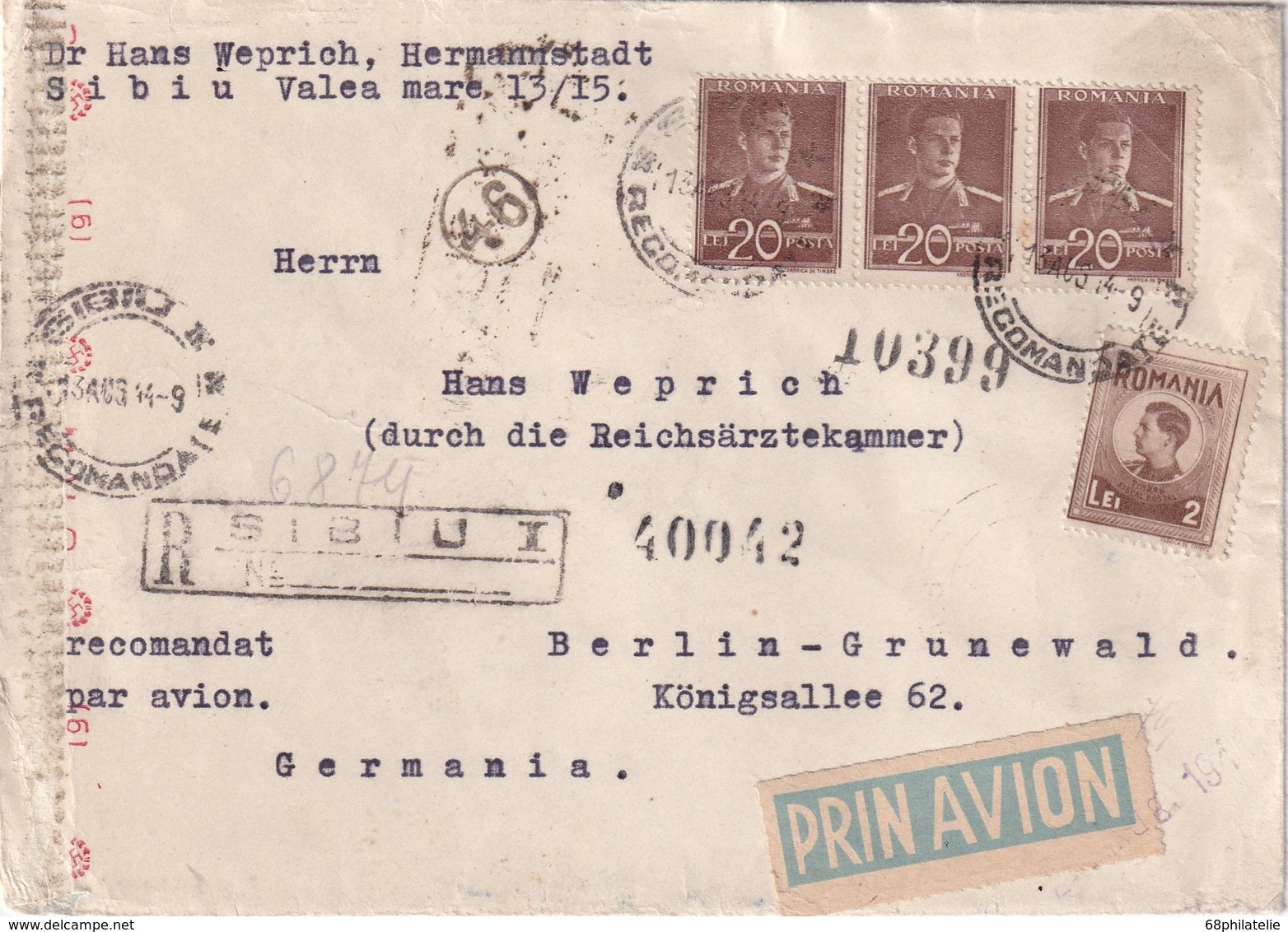 ROUMANIE 1944 PLI AERIEN RECOMMANDEE  CENSURE DE SIBIU - Lettres 2ème Guerre Mondiale