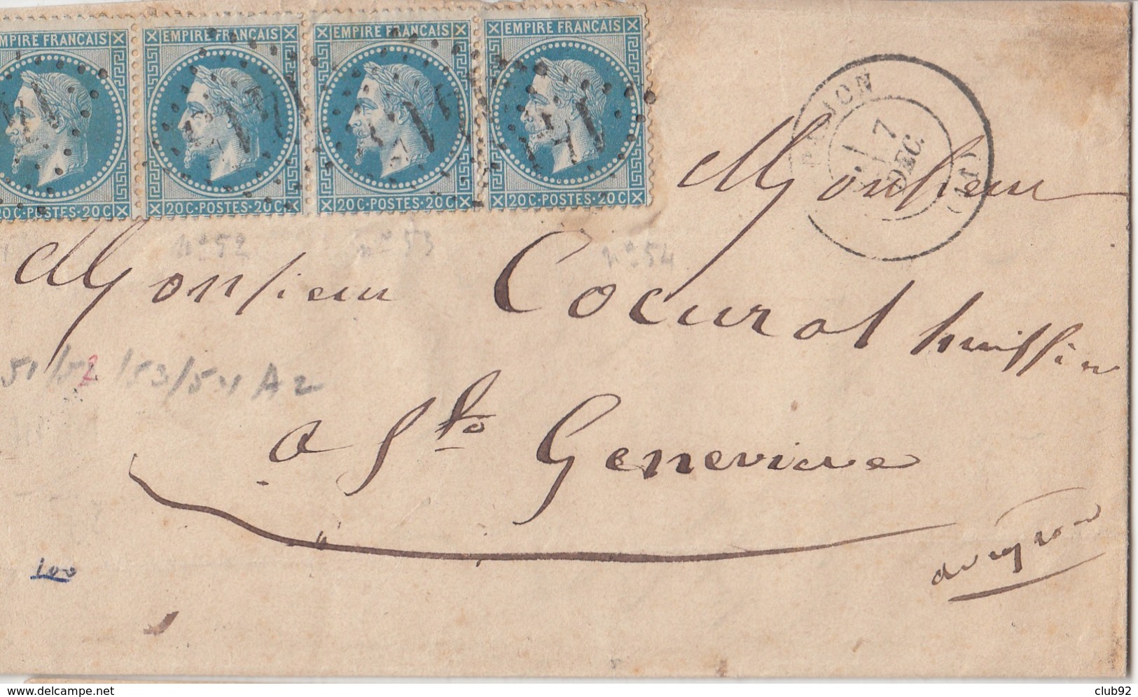 N° 29A (12- 3 Bdes De 4 Horizontales )/2  L Et Un DVT.  (. ) GC L.847-1415-4007  De CVhambly-TRAPPES & ... Sion / Len 1 - 1863-1870 Napoléon III Lauré