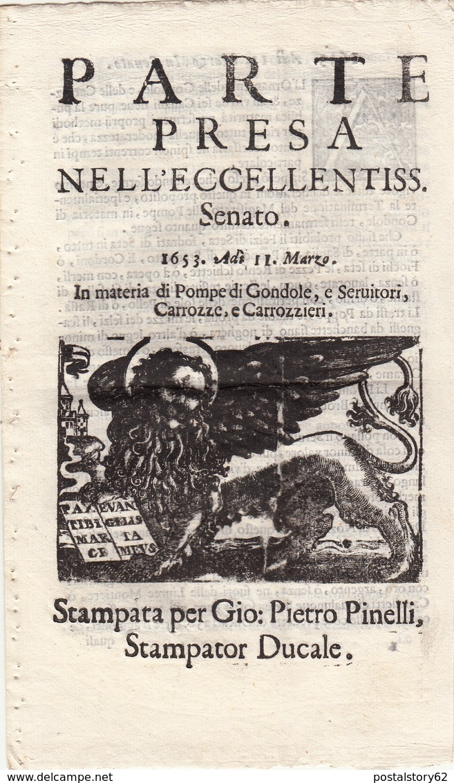 Venezia, Decreto Ducale In Materia Di Gondole E Servitori Carrozze E Carrozzieri 11 Marzo 1653 - Decreti & Leggi
