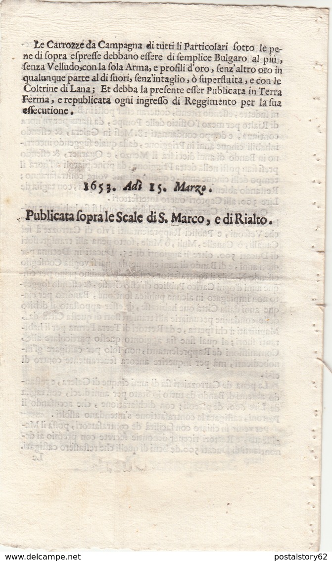 Venezia, Decreto Ducale In Materia Di Gondole E Servitori Carrozze E Carrozzieri 11 Marzo 1653 - Décrets & Lois