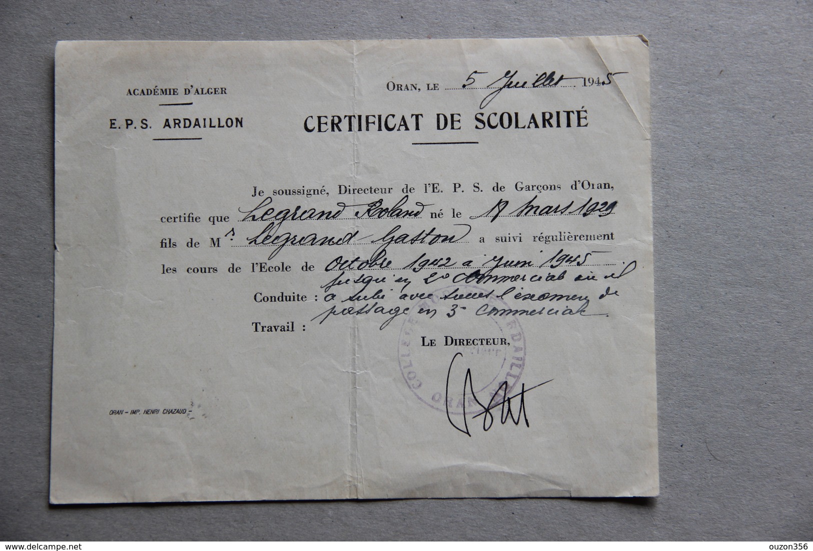 Certificat De Scolarité, E.P.S. Ardaillon à Oran, Académie D'Alger (Algérie), 1945 - Diplômes & Bulletins Scolaires