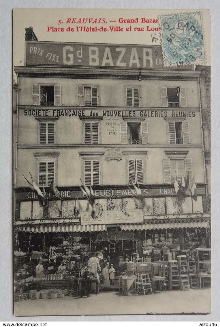 CPA Beauvais, Grand Bazar, Place De L'Hôtel De Ville Et Rue Louvet, Cachet Date 1905, Oise - Beauvais