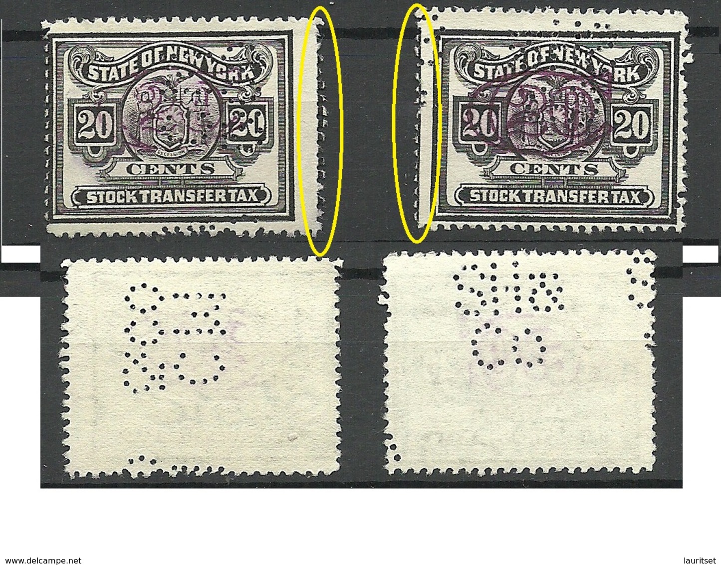 USA State Of New York Stock Transfer Tax , 20 Cents, Perforation Varieties, Used - Steuermarken