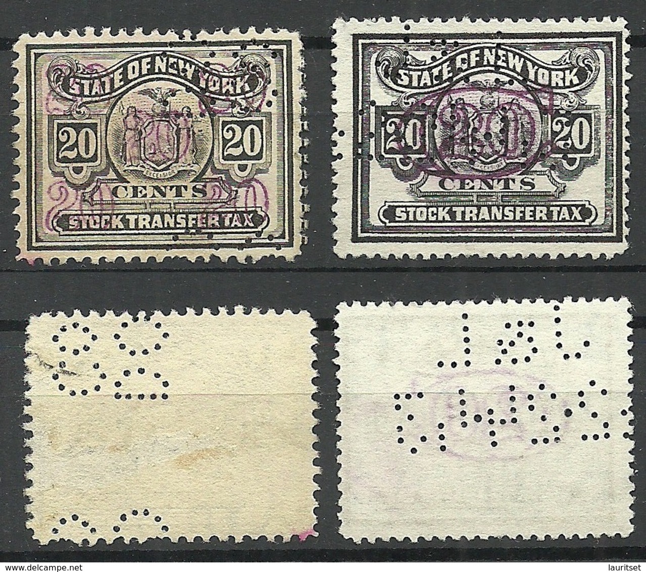 USA State Of New York Stock Transfer Tax 20 Cents, 2 Different Types /color Varieties, Used - Steuermarken