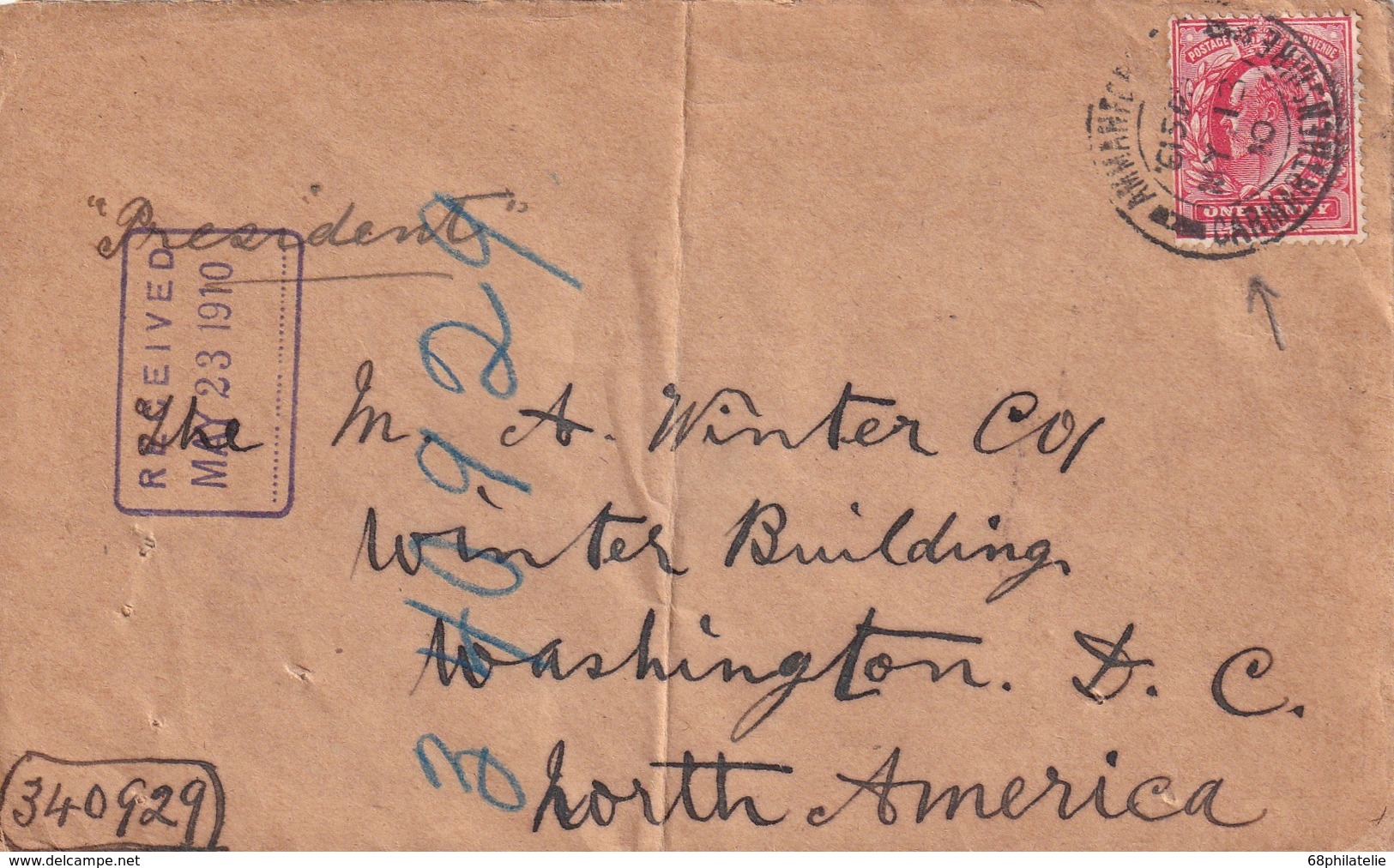 GRANDE-BRETAGNE 1910 LETTRE DE CARMARTHEN POUR WASHINGTON - Lettres & Documents