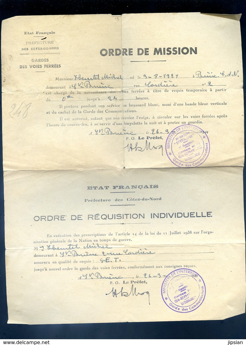 Ordre De Mission Garde Des Communications Voies Ferrées Ordre Réquisition Individuelle Saint Brieuc 26 Mars 1944   KX - 1939-45