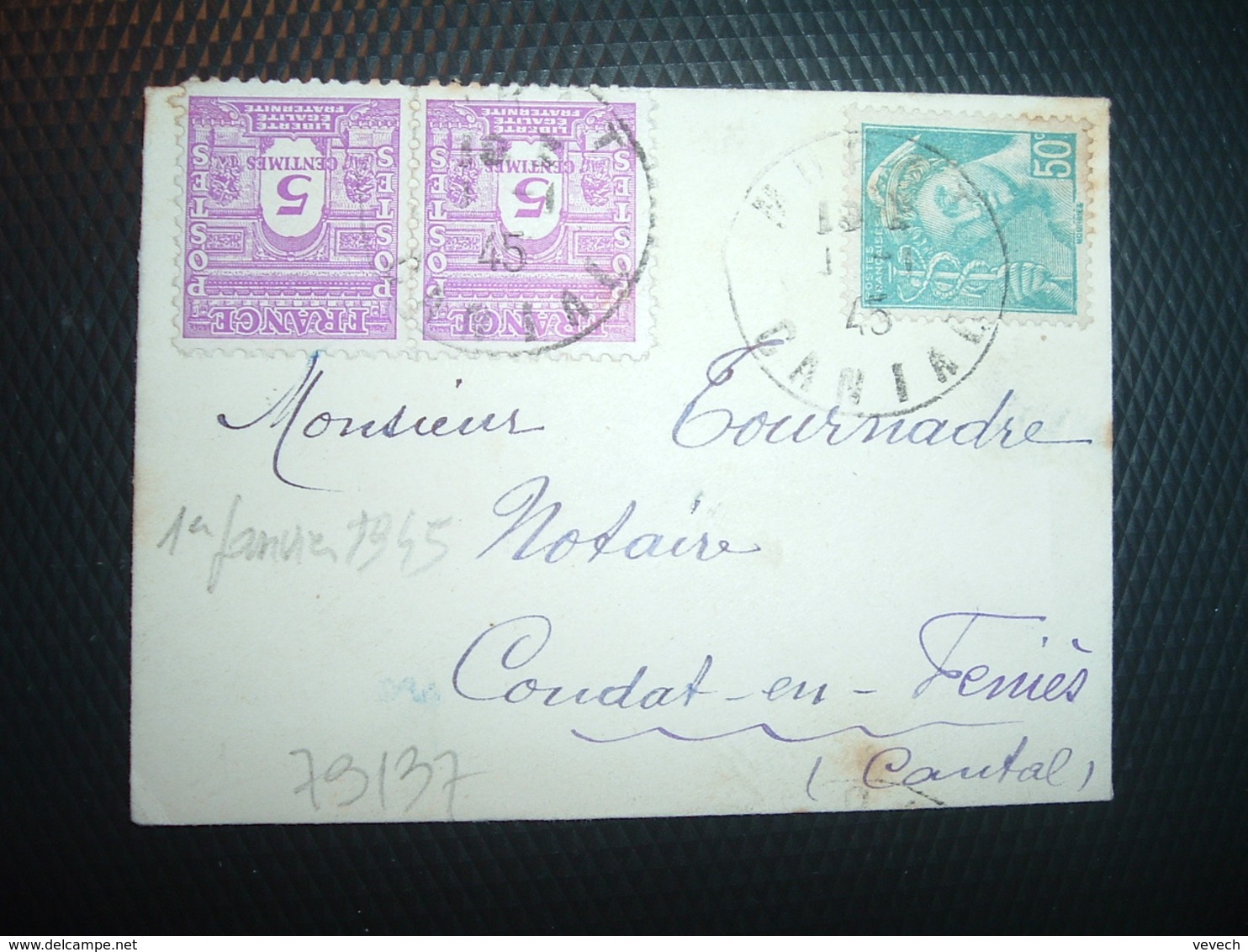 LETTRE MIGNONNETTE TP MERCURE 50c+ARC DE TRIOMPHE 5c Paire OBL.1-1 45 MURAT CANTAL(15) JOUR DE L'AN PREMIER JANVIER 1945 - 1921-1960: Période Moderne