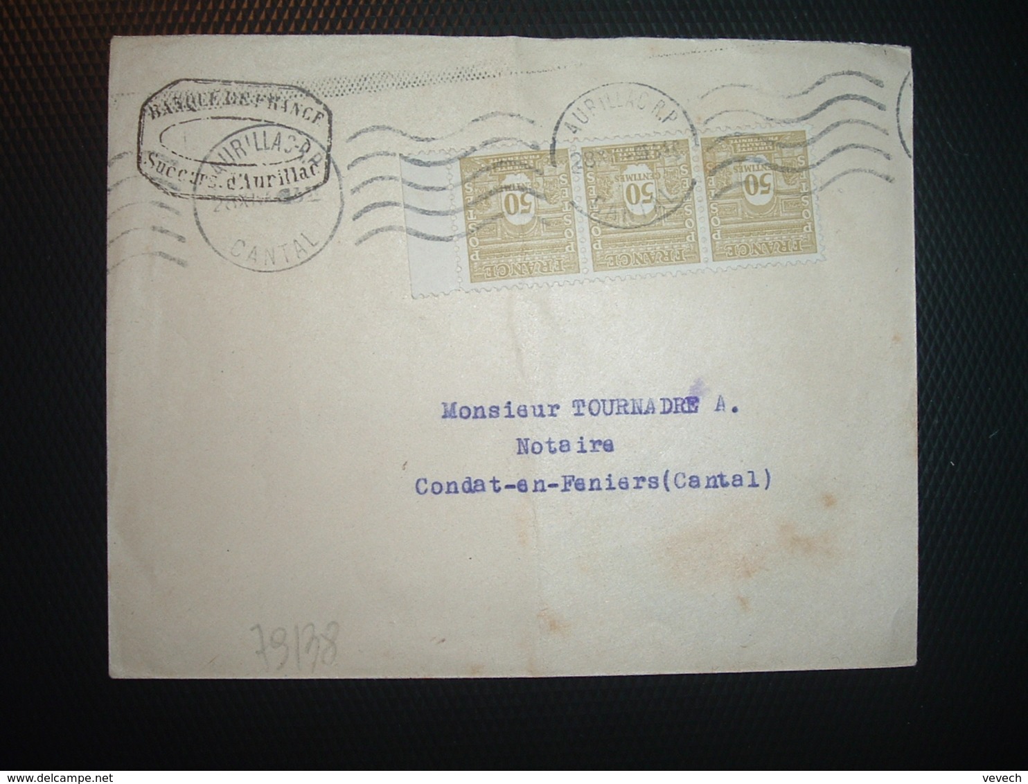 LETTRE TP ARC DE TRIOMPHE 50c Bande De 3 OBL.MEC.28 XI 44 AURILLAC RP CANTAL (15) BANQUE DE FRANCE - 1944-45 Arc De Triomphe