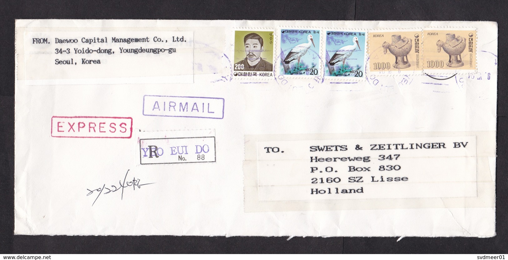 South Korea: Registered Express Airmail Cover To Netherlands, 5 Stamps, Heritage, Stork Bird, R-label (minor Damage) - Korea (Zuid)