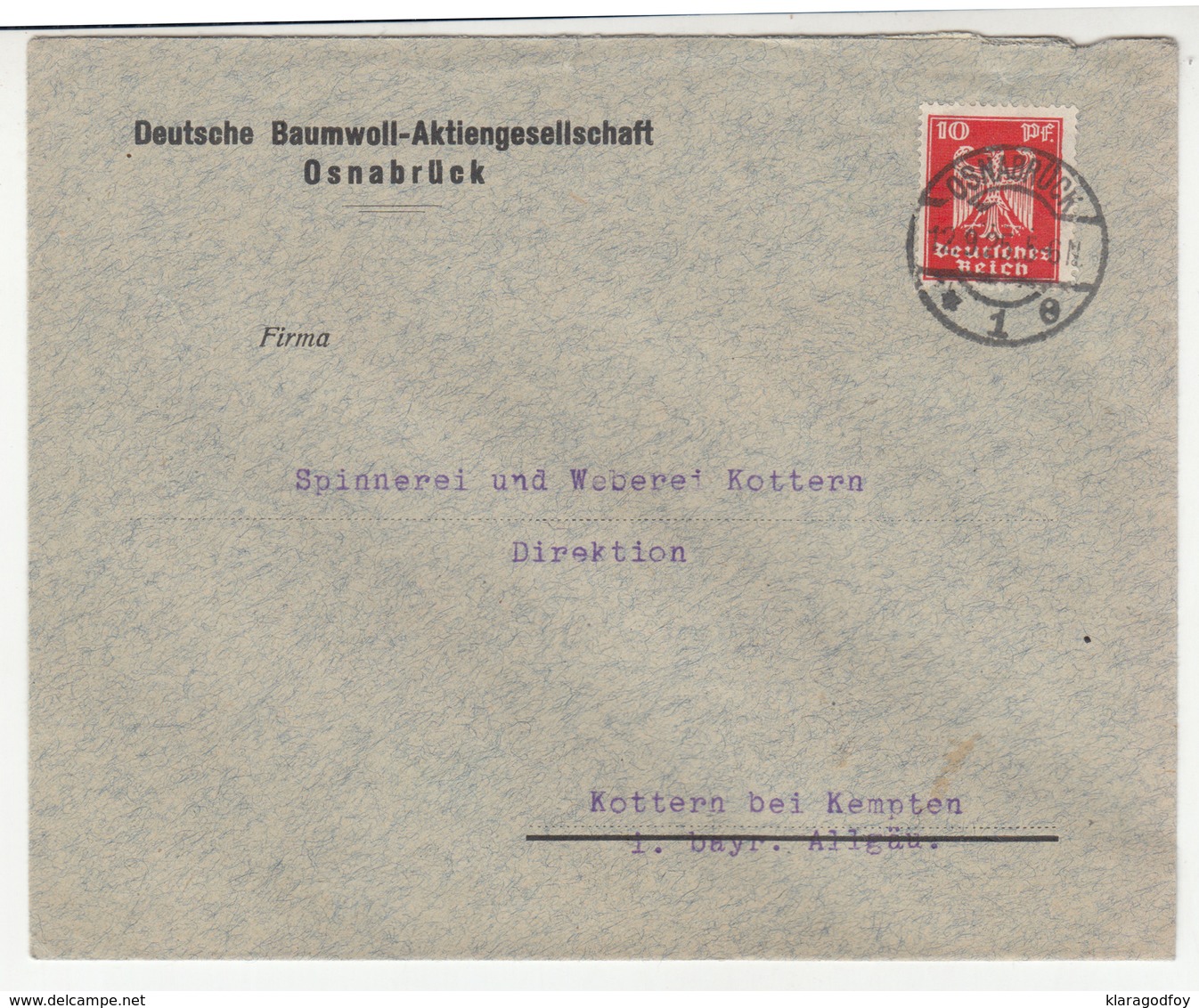 Deutsche Baumwoll-Aktiengesellschaft Company Letter Cover Travelled 1925 Osnabrück Pmk B181215 - Storia Postale