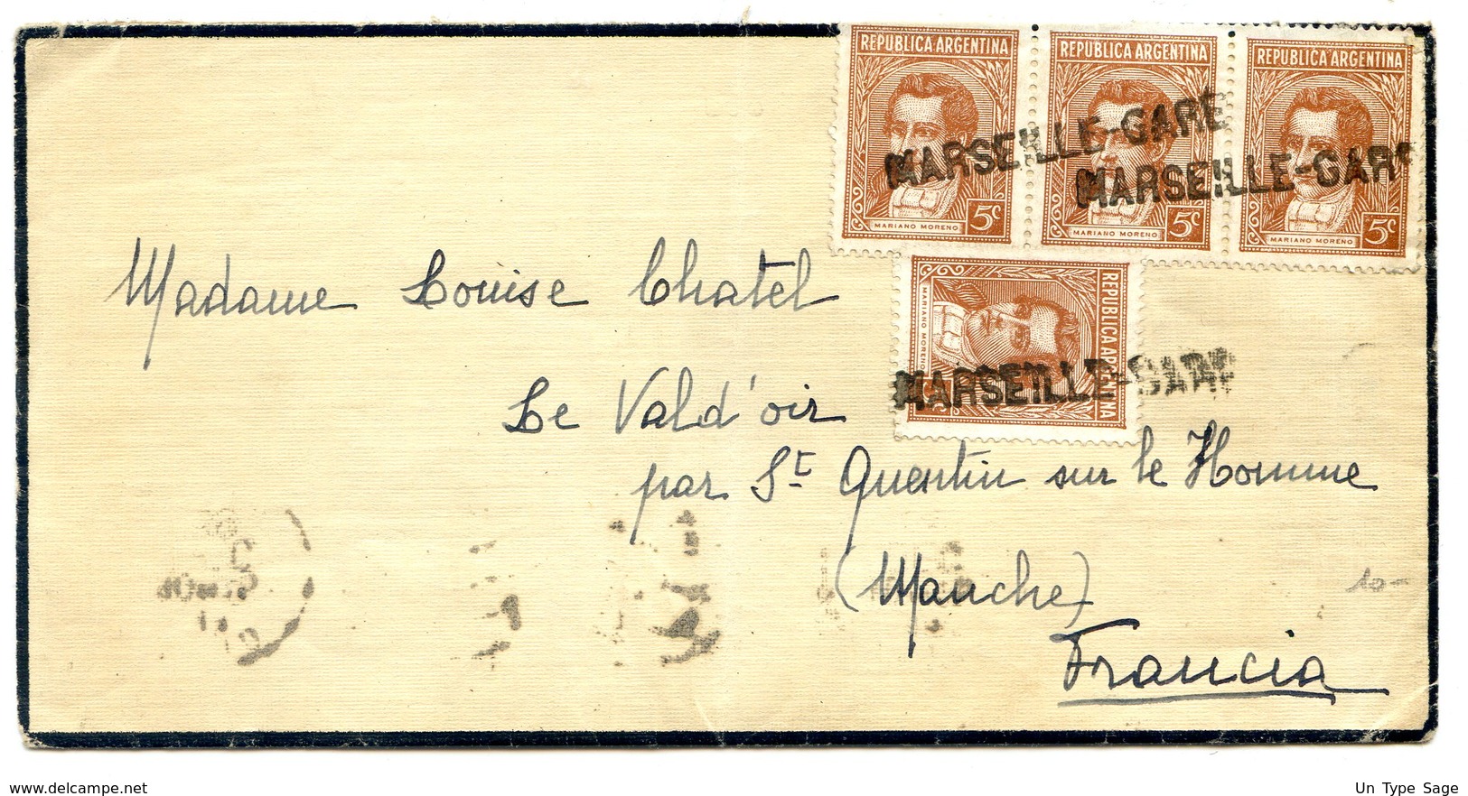 Argentine N°368 X4 Sur Lettre Pour Le Vald'oir - Annulé Griffe MARSEILLE-GARE - (W1116) - Lettres & Documents