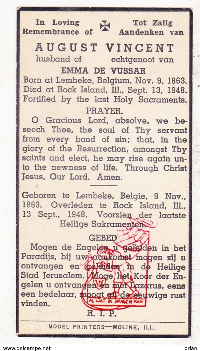 DP Death Card / Emigrant - August Vincent ° Lembeke Kaprijke BEL 1863 † Rock Island Illinois USA 1948 X Emma De Vussar - Images Religieuses