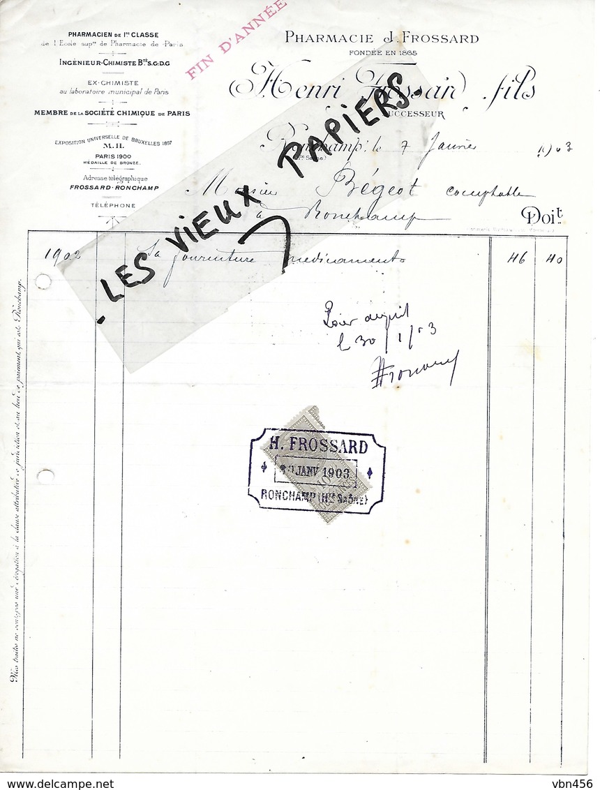 70 - Haute-saône - RONCHAMP - Facture FROSSARD - Pharmacien - 1903 - REF 117C - 1900 – 1949